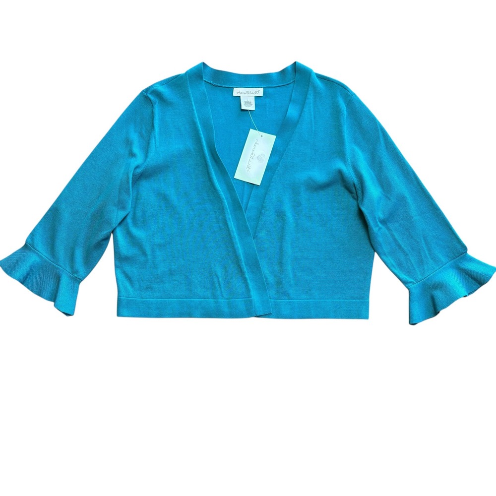 NWT Keren Hart Womens Teal Cropped Cardigan Ruffle 3/4 Sleeve Open Front‎ Sz L